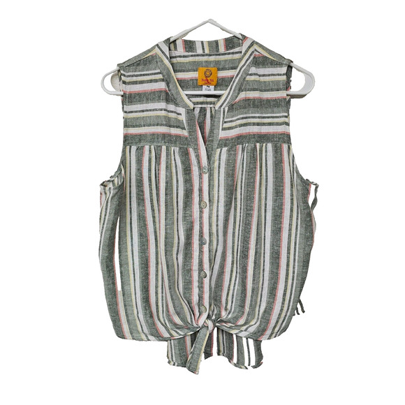 Ruby Rd Petite Linen Striped Tie Front Blouse Size PM Lightweight Beach Spring - Picture 1 of 8
